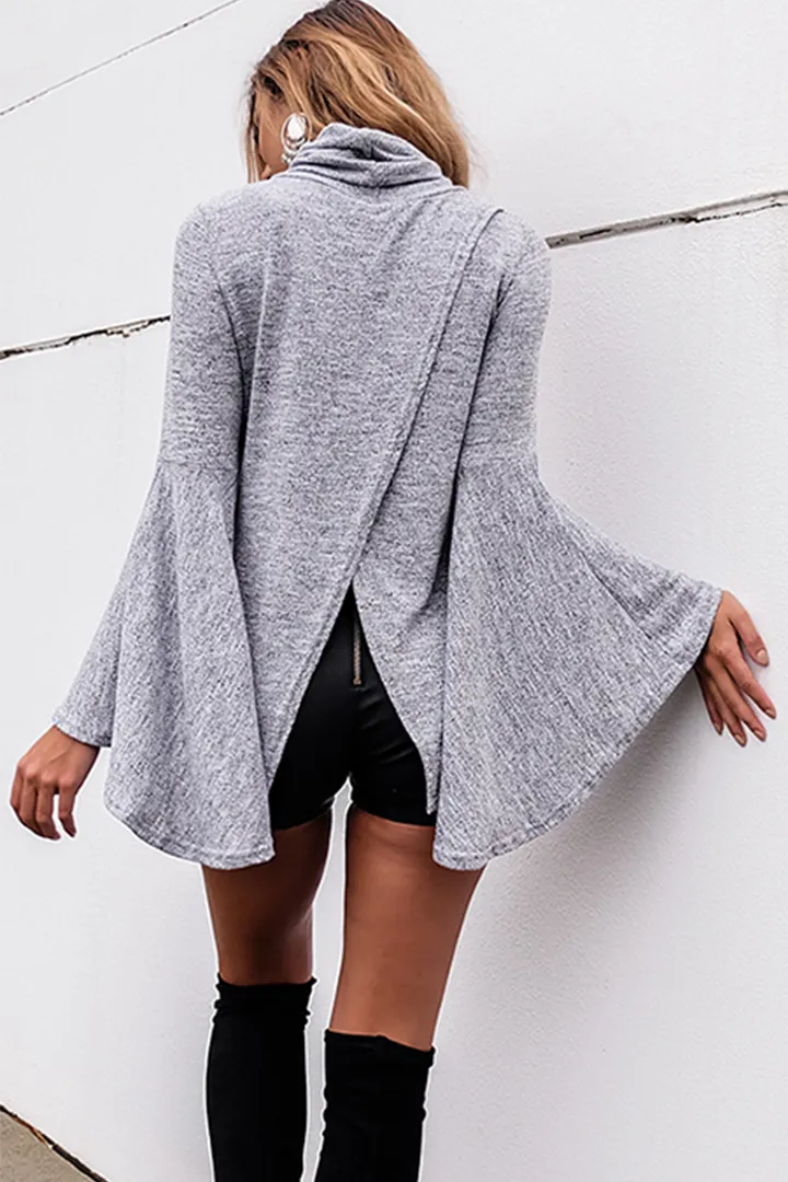 Flared Bell-Sleeve Knit Blouse Gray
