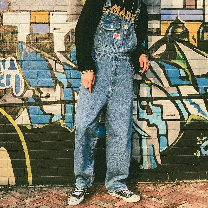 Privathinker New Men Denim Suspender Trousers Washed Loose Straight Male Overalls Korean Style Women Jeans Vintage Pants