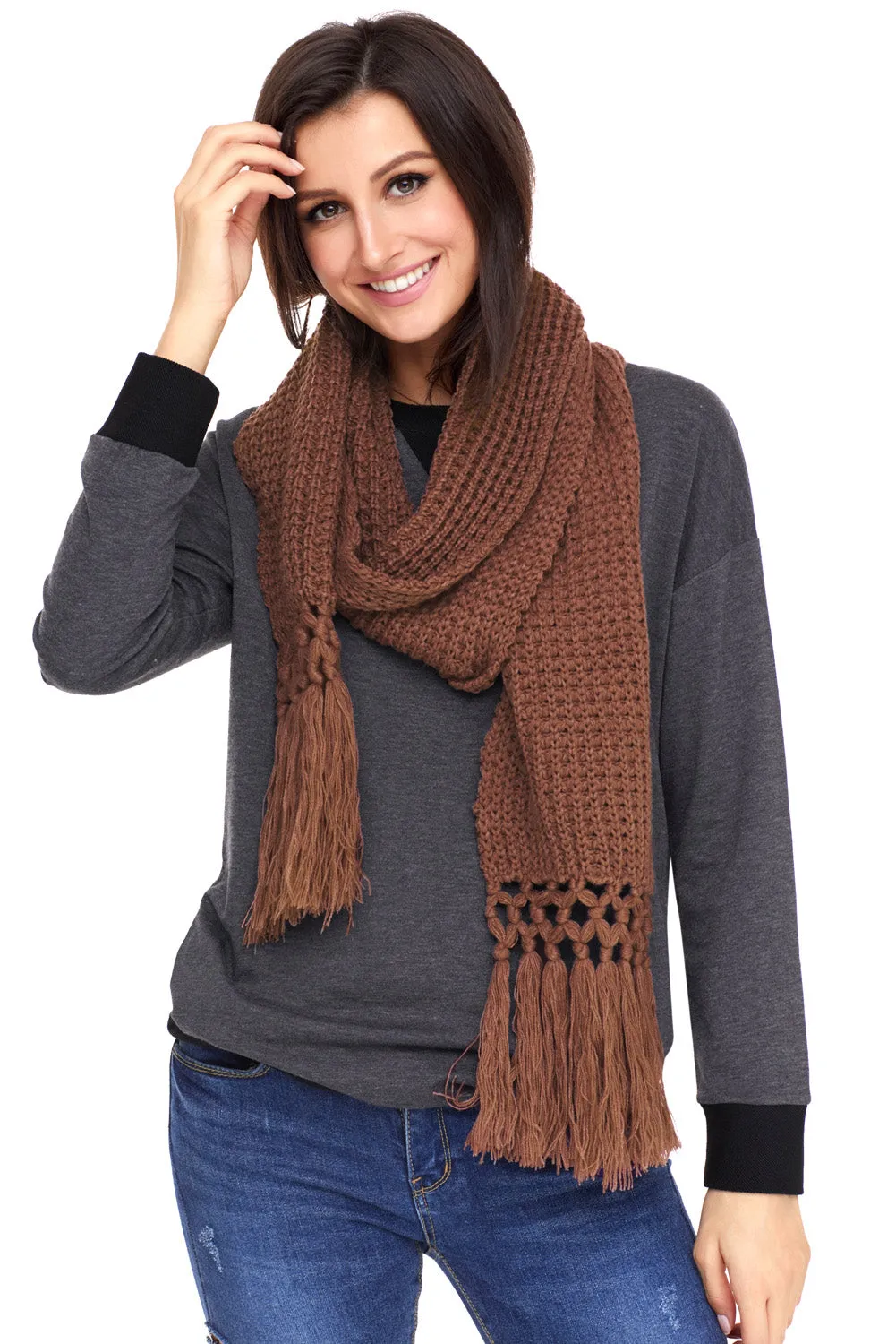 Sexy Brown Cozy Chunky Knit Tassel Scarf